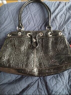 Alfred Dunner Black Croc-Embossed Shoulder Bag with Silver Hardware